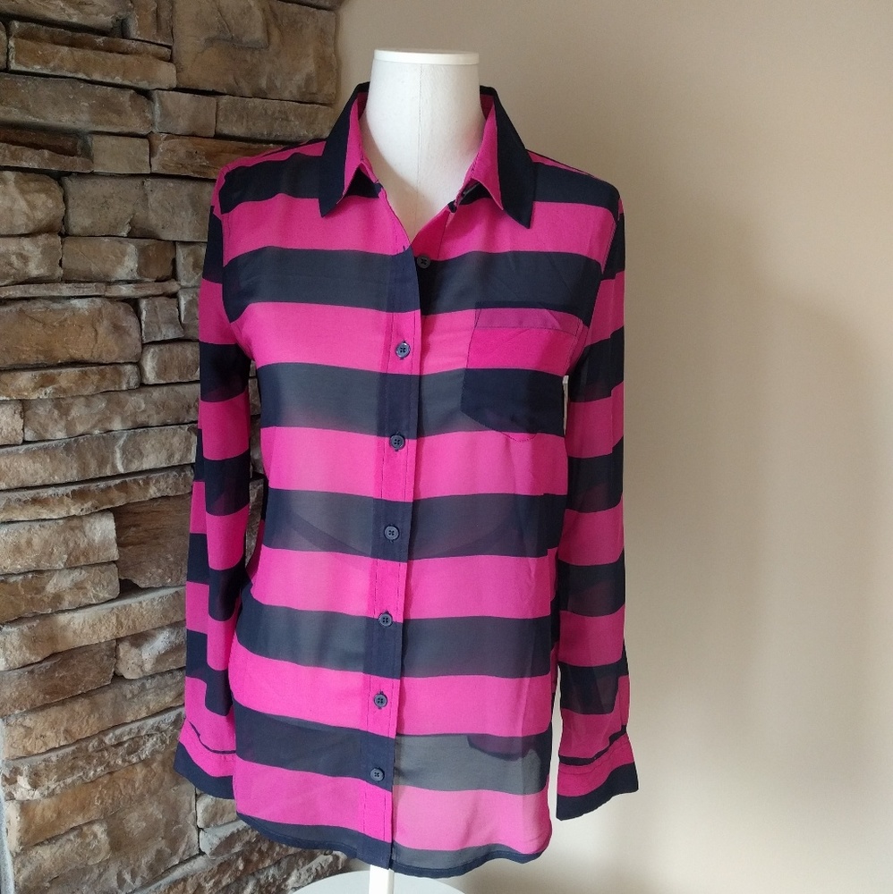 Banana Republic fucshia navy striped blouse